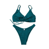 Traje de baño bikini sin espalda, acolchado, con hebilla y cuello en V y lazo